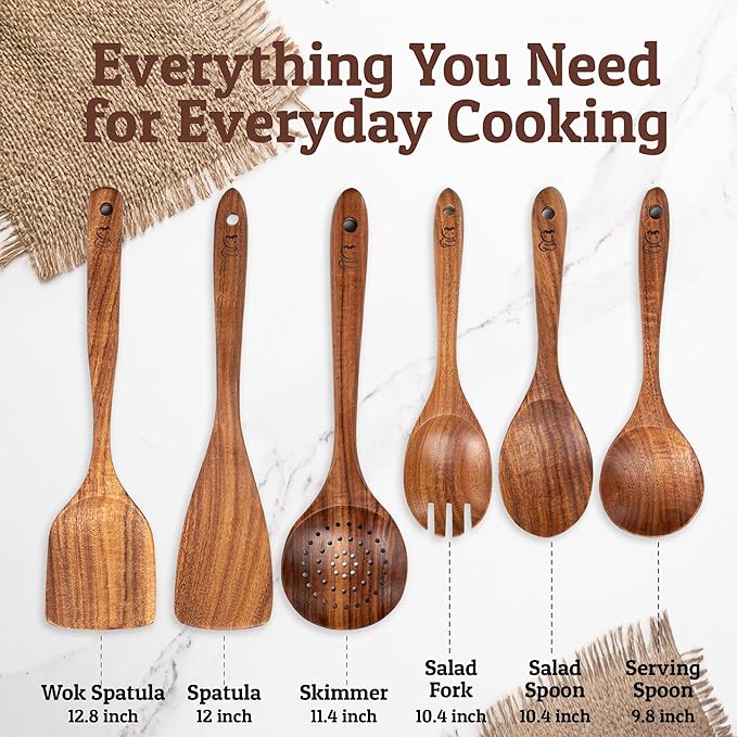 PriorityChef Premium Wooden Spoons for Cooking - 6pc Smooth Finish Teak Wooden Utensil Set with Hanging Hooks, Heat-Resistant & Nonstick Safe, Ideal for Gifting-Ruum Studio Home