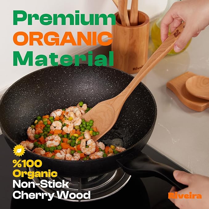 Riveira Cherry Wooden Spoons for Cooking Set of 6 – Natural Cherry Wood Cooking Utensils, Wooden Spatula, Wooden Spoon - Premium Quality Wooden Utensil Set for Non-Toxic Cooking-Ruum Studio Home