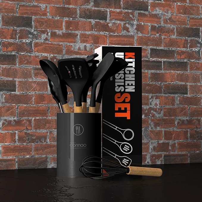 Silicone Cooking Utensils Set - 446°F Heat Resistant Silicone Kitchen Utensils for Cooking,Kitchen Utensil Spatula Set w Wooden Handles and Holder, BPA FREE Gadgets for Non-Stick Cookware (Black)-Ruum Studio Home