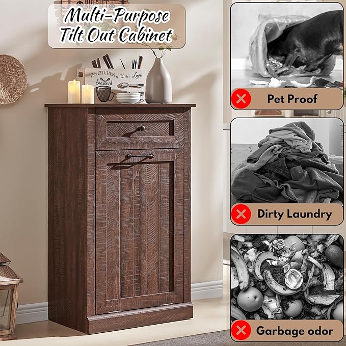 Tilt Out Laundry Hamper Cabinet, 10 Gallon Farmhouse Trash Can Cabinet with Drawer, Hidden Wood Garbage Can Bin Cabinet with Laundry Storage Basket for Bathroom, Kitchen, Brown-Ruum Studio Home