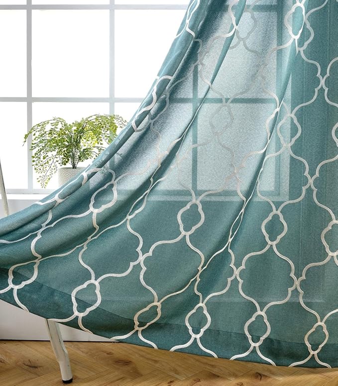 MIUCO Moroccan Embroidery Semi Sheers Curtain Faux Linen Grommet Window Curtains for Bedroom 52 x 95 Inch 2 Panels, Teal-Ruum Studio Home