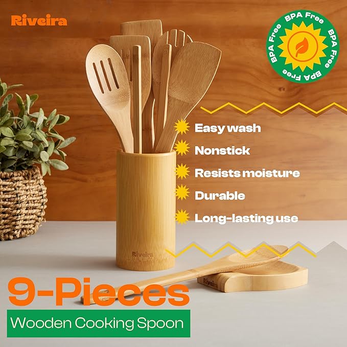 Riveira Bamboo Wooden Spoons for Cooking 9-Piece with Holder, Apartment Essentials Wood Spatula Spoon Nonstick Kitchen Utensil Set Premium Quality Housewarming Gifts for Everyday Use-Ruum Studio Home