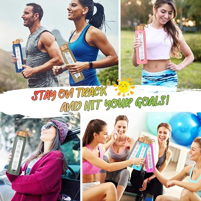 Aqulea Glass Water Bottles 32 Oz with Silicone Sleeve - BPA Free Reusable Wide Mouth Glass Motivational Water Bottles with Fruit Infuser – Leak Proof Borosilicate Water Bottle with Time Marker (Green)-Ruum Studio Home