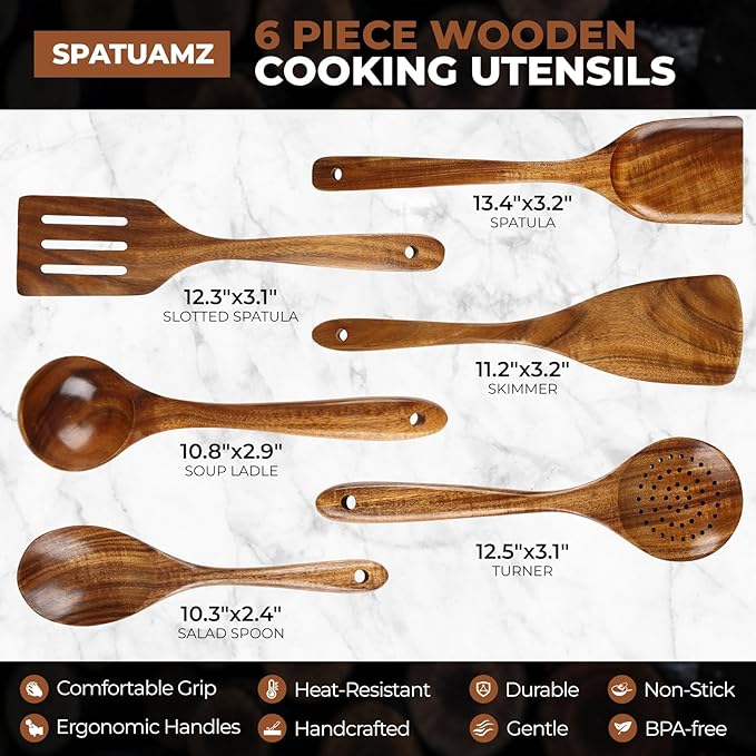 SPATUAMZ Wooden Cooking Spoons, Ladle and Spatula, Fine Polished Teak Wood Cooking Utensils Set of 6, Nonstick Wooden Kitchen Spoon & Spatula Set-Ruum Studio Home
