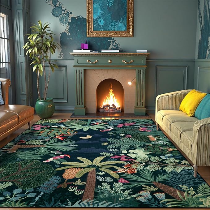 LIVEBOX Washable Jungle Dark Green Rugs 9x12 for Living Room, Stain Resistant Soft Kids Area Rugs for Bedroom, Non-Skid Modern Dining Room Rug Floor Carpet for Playroom Kids Nursery-Ruum Studio Home