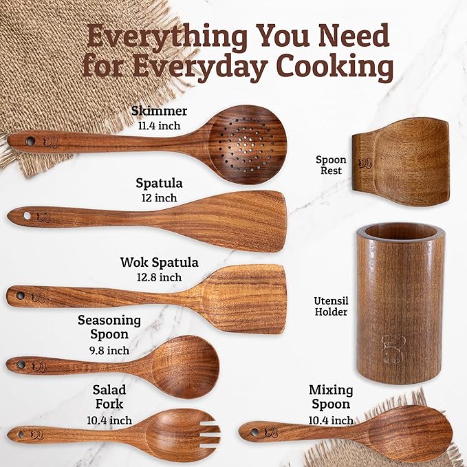 PriorityChef Premium Wooden Spoons for Cooking - 6pc with Utensil Holder, Spoon Rest and Hanging Hooks, Smooth Finish Teak Wooden Utensil Set, Heat-Resistant & Nonstick Safe, Ideal for Gifting-Ruum Studio Home