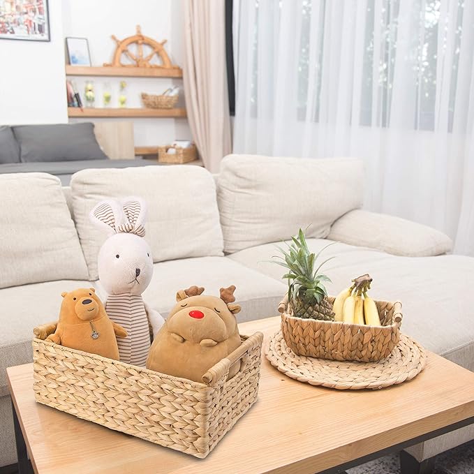 VATIMA Hyacinth Large Wicker Basket 15.5x10.8x6.2" - Rectangular, Wooden Handles, Shelf Organizer-Ruum Studio Home