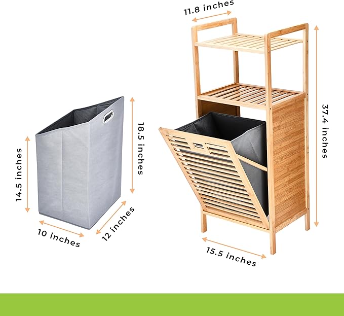 Prosumer’s Choice Bamboo Tilt-Out Laundry Hamper with 2-Tier Storage Shelves – Freestanding Clothes Hamper with Removable Liner, Space-Saving Design for Bathroom or Bedroom – 15.5”L x 11.8”W x 37.4”H-Ruum Studio Home