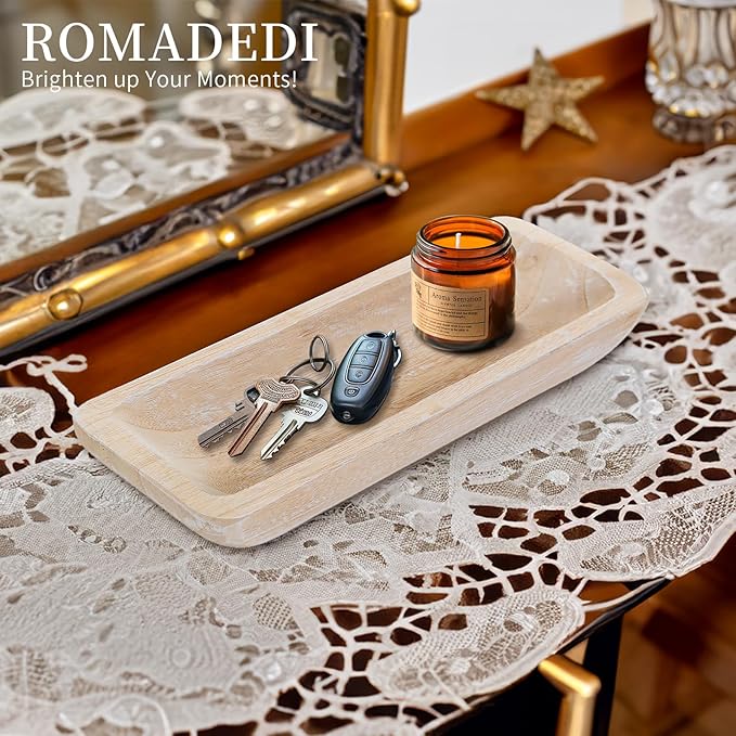 Romadedi Decorative Bowls for Home Decor - 16" Wooden Dough Bowl for Decor, Large Wood Bowl for Kitchen Table Centerpieces Long Narrow Wooden Tray for Dining Table Whitewashed-Ruum Studio Home