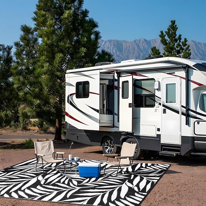 OLANLY Waterproof Outdoor Rug 6x9 ft, Reversible Outdoor Plastic Straw Rug with Leaf Pattern, RV Mat, Indoor Outdoor Carpet for Patio, Camping, Balcony, Deck, Backyard, Black & White-Ruum Studio Home