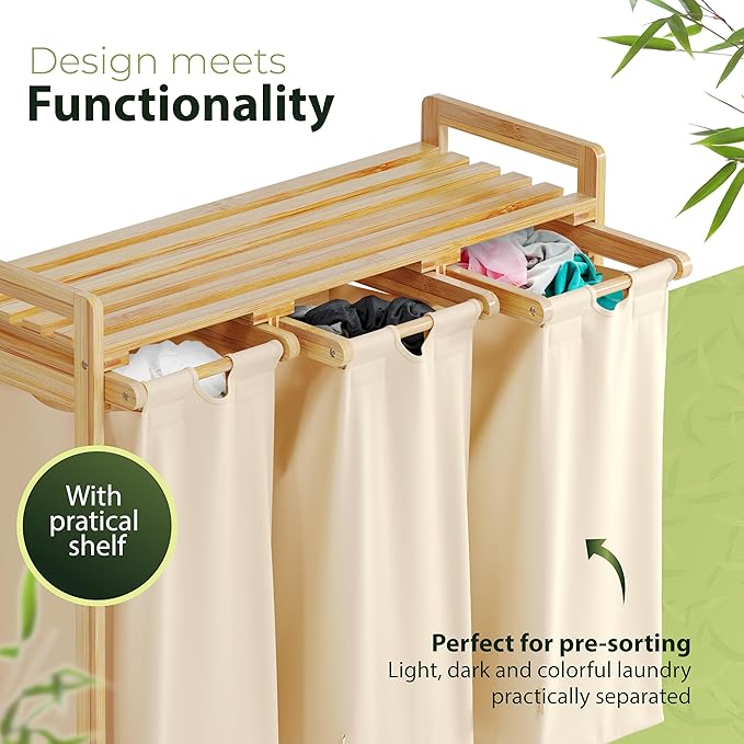 Laundry basket with wheels beige - Large Bamboo Laundry Sorter with Removable Cotton Bags - 3 Section laundry room organization - Durable, Eco-Friendly, and Stylish Storage Solution for Home-Ruum Studio Home