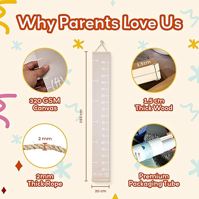 Height Chart for Kids Customizable Kids Height Wall Chart with Stickers, Marker & Hook Hanging Growth Chart Measurement for Wall Easy Installation for Baby Room Nursery and Playroom-Ruum Studio Home