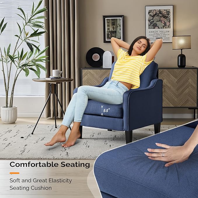 VINGLI Mid Century Modern Accent Chair, Navy Blue Fabric Accent Chairs for Living Room, Upholstered Armchair with Scooped Arms for Bedroom, Apartment, Studio, Office, Waiting Room-Ruum Studio Home