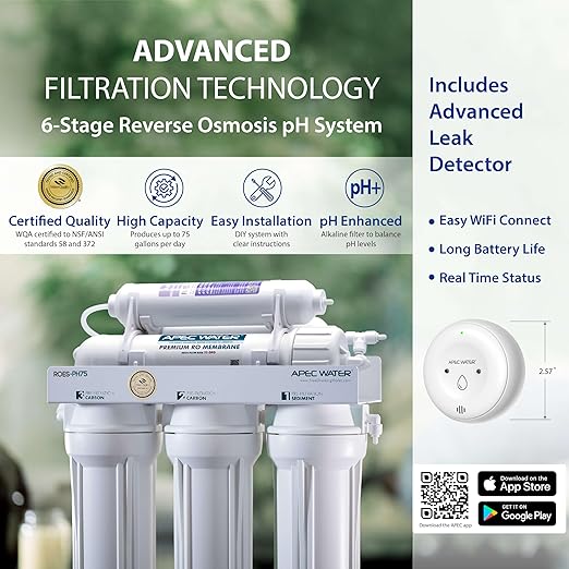 APEC Water Systems ROES-PH75 Essence Series Top Tier Alkaline Mineral pH+ 75 GPD 6-Stage Certified Ultra Safe Reverse Osmosis Drinking Water Filter System with WiFi Smart Water Leak Detector and App-Ruum Studio Home