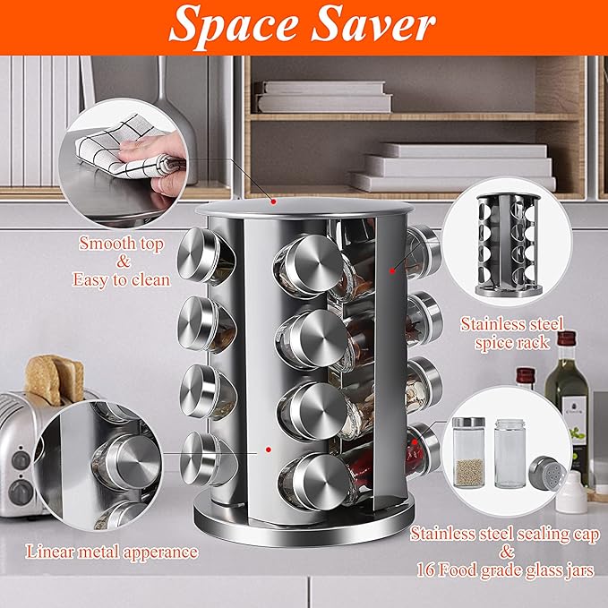 DOUBLE 2 C Revolving Countertop Spice Rack Stainless Steel Seasoning Storage Organization,Spice Carousel Tower for Kitchen Set of 16 Jars (16Jars)-Ruum Studio Home