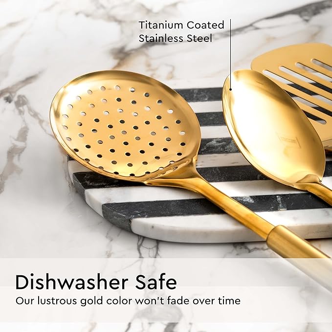 Gold Cooking Utensils Set – 5-Piece Stainless Steel Kitchen Tools for Modern Cooking and Serving – Dishwasher Safe Ladle, Spoon, Spatula, Pasta Fork, Luxury Brass Kitchen Accessories for Home Chefs-Ruum Studio Home