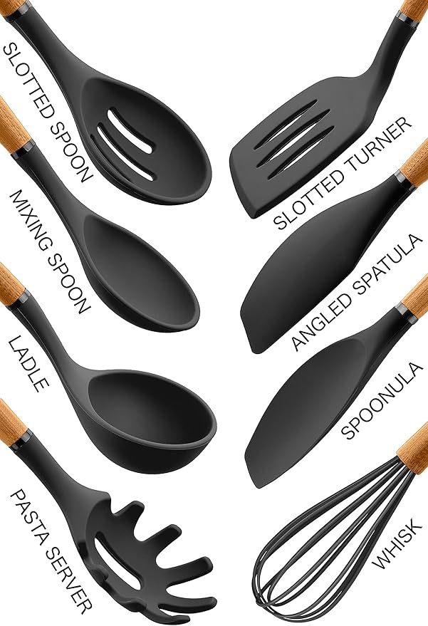 Country Kitchen Non Stick Silicone Utensil Set with Rounded Wood Handles for Cooking and Baking, 8 Piece Set, Black-Ruum Studio Home