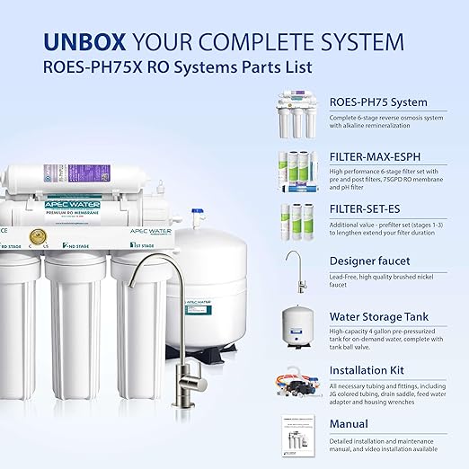 APEC Water Systems ROES-PH75 Essence Series Top Tier Alkaline Mineral pH+ 75 GPD 6-Stage Certified Ultra Safe Reverse Osmosis Drinking Water Filter System with Extra High Capacity Filter Set Stage 1-3-Ruum Studio Home