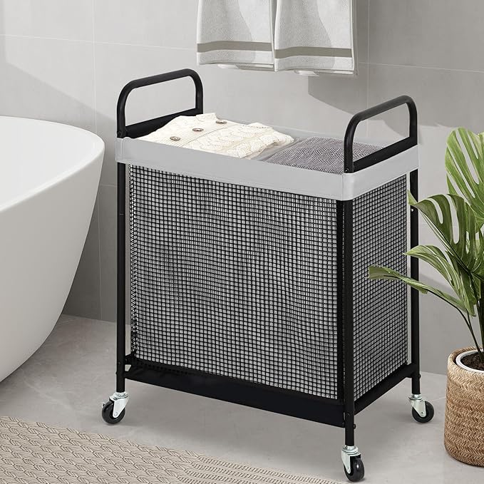 STO STO Laundry Hamper 2 Section, 100L Rolling Laundry Sorter Cart with Removable and Washable Liner Bag, Rolling Clothes Hamper with Metal Handle for Laundry Room and Bedroom, Gray-Ruum Studio Home