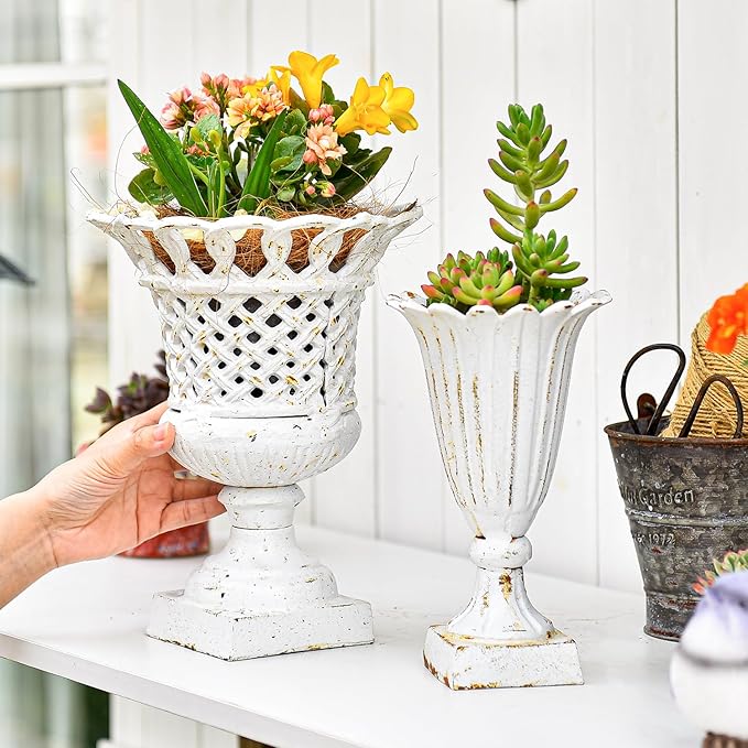 Sungmor Heavy Duty Cast Iron Urn Planter, Beautiful Hollow Trophy Design Tall Orchid Flower Pot, Large Decorative Plastic Flowers Plants Bouquets Vase, Rustic French Country Pot for Home or Garden-Ruum Studio Home