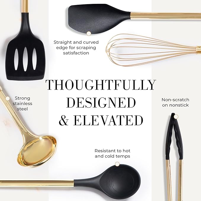 Styled Settings Black and Gold Cooking Utensils Set - 7-Piece Silicone Utensils Set Include Spatula Holder for Nonstick Cookware and Modern Kitchens - Stylish Black and Gold Kitchen Accessories-Ruum Studio Home