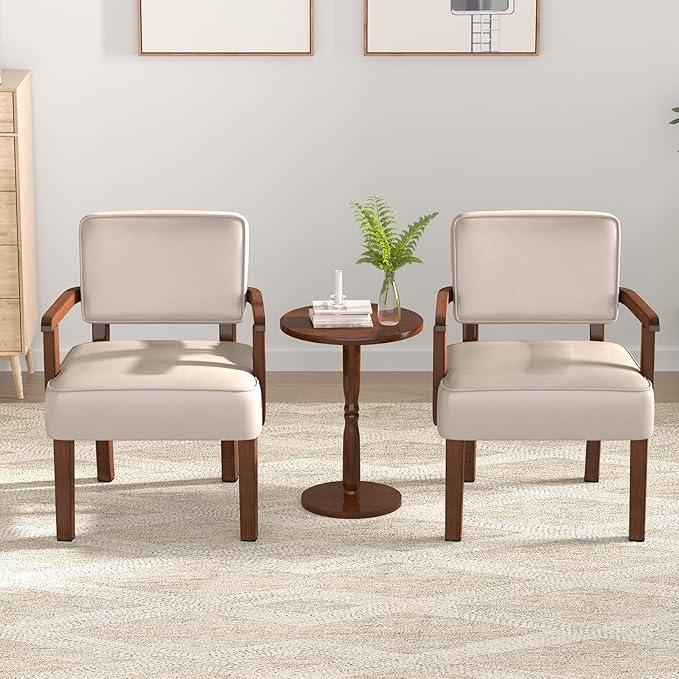 Accent Chair Set of 2 with Table, PU Leather Chair for Living Room Oversized Armchair with Soft Seat and Armrests for Bedroom Dinning Reading Waiting Room (Leather Beige)-Ruum Studio Home