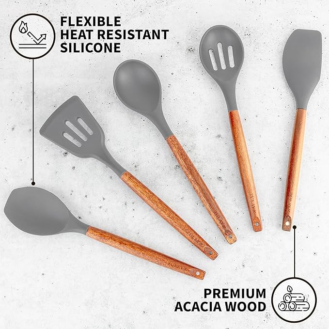 Zulay Kitchen Utensils Set Non-Stick Silicone Cooking Utensils Set with Authentic Acacia Wood Handles - 5 Piece Silicone Utensil Set - Kitchen Utensils Set with 464°F Heat Resistance - Gray-Ruum Studio Home