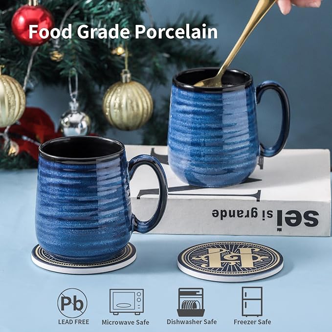 Hasense Coffee Mugs Set of 2, 12oz Ceramic Glazed Mugs with Handles, Blue Reactive Glazes Tea Cups Gift Set for Men and Women, Includes Gold Spoon & Coaster-Ruum Studio Home