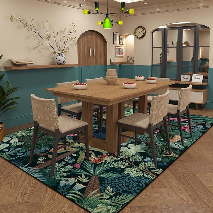 LIVEBOX 6x9 Jungle Dark Rug Dining Room Rugs for Under Table, Soft Modern Green Rugs for Living Room, Washable Kids Rug for Boy Bedroom, Non-Skid Kids Carpet Playmat for Play-Ruum Studio Home