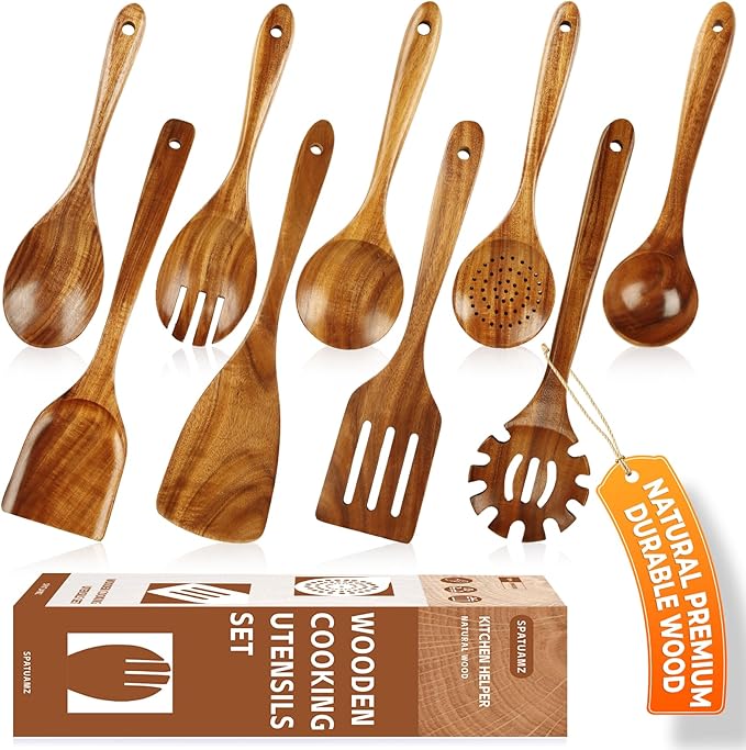 SPATUAMZ Wooden Kitchen Utensils Set, Smooth Finished Wooden Spoons for Cooking, Natural Teak Cooking Utensils Set of 9 for Nonstick Pans and Cookware-Ruum Studio Home