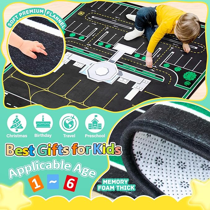 Kids Rug, Road Carpet for Kids with Combined City Road Traffic System, Car Rug and Airport Play Mat, 6x9 Ft Children’s Play Rugs for Playroom, Children’s City Traffic Map Fun Car Mat,Non-Slip-Ruum Studio Home