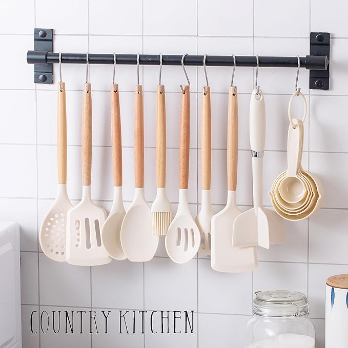 Country Kitchen Non Stick Silicone Utensil Set with Rounded Wood Handles for Cooking and Baking, 38 Piece Set, Khaki-Ruum Studio Home