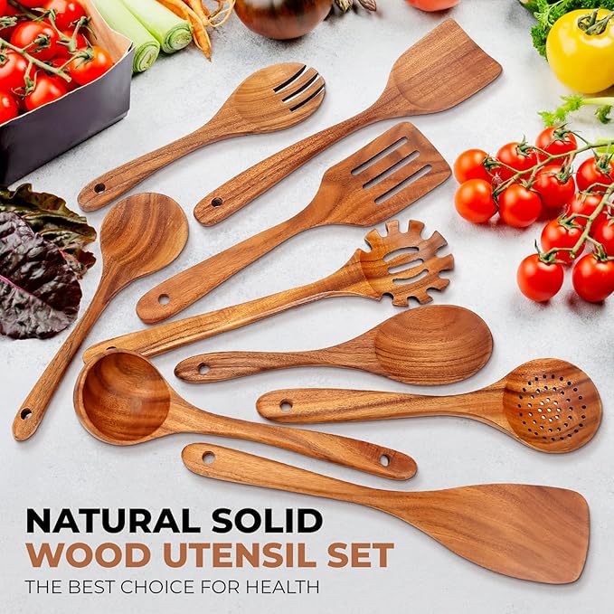 SPATUAMZ Wooden Kitchen Utensils Set, Smooth Finished Wooden Spoons for Cooking, Natural Teak Cooking Utensils Set of 9 for Nonstick Pans and Cookware-Ruum Studio Home