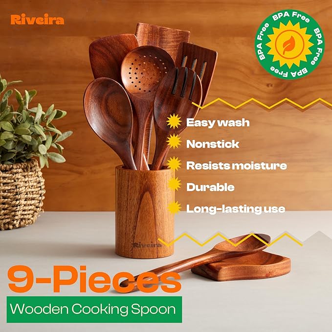 Riveira's 9-Piece Dark Brown Kitchen Essentials Wooden Cooking Utensils Set - Complete Kitchen Utensils Set for Gourmet Results-Ruum Studio Home
