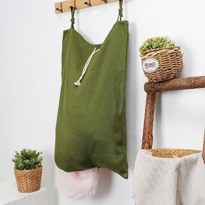 Linen Hanging Laundry Bag, Over The Door Laundry Hamper for Dirty Clothes, Drawstring Closure with Bottom Zipper, Army Green-Ruum Studio Home