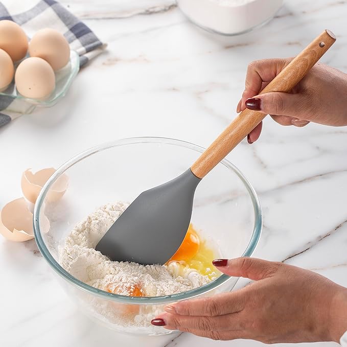 Country Kitchen Non Stick Silicone Utensil Set with Rounded Wood Handles for Cooking and Baking, 14 Piece Set, Gray-Ruum Studio Home