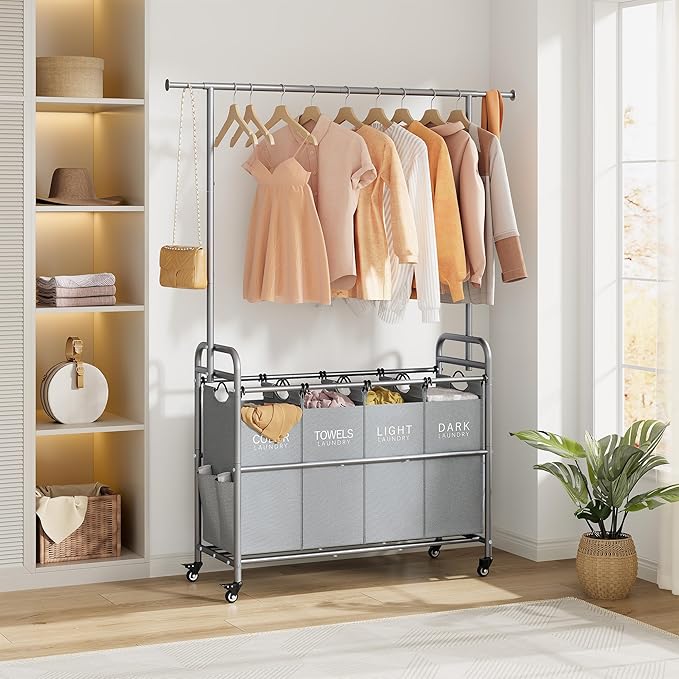 Tajsoon Laundry Sorter with Hanging Bar, 4 Section Rolling Laundry Hamper with Heavy Duty Lockable Wheels, Laundry Sorter Cart for Bathroom & Bedroom, Gray-Ruum Studio Home