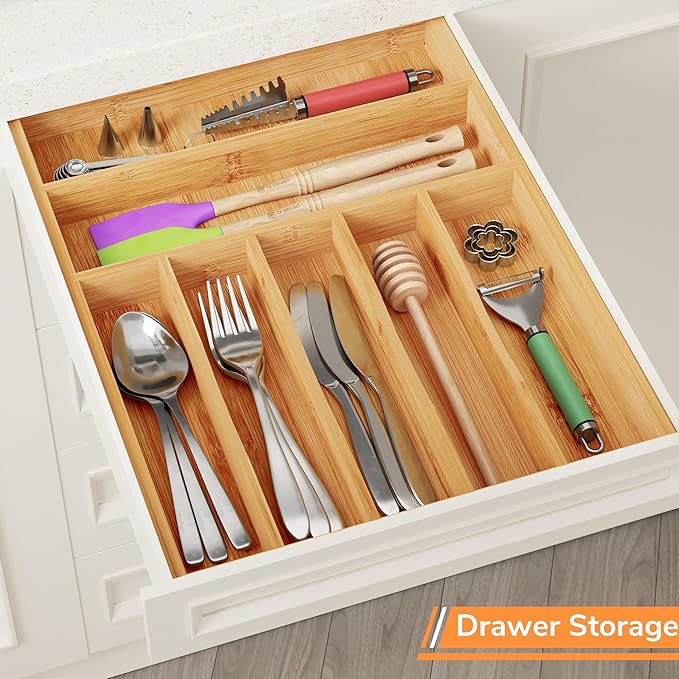 BAMEOS Bamboo Silverware Drawer Organizers, 11.9 inch Utensil Drawer Organizer for Kitchen Drawers, 7 Slots Total Large Flatware Organizer for Knives Cutlery Spoons Forks (Natural)-Ruum Studio Home