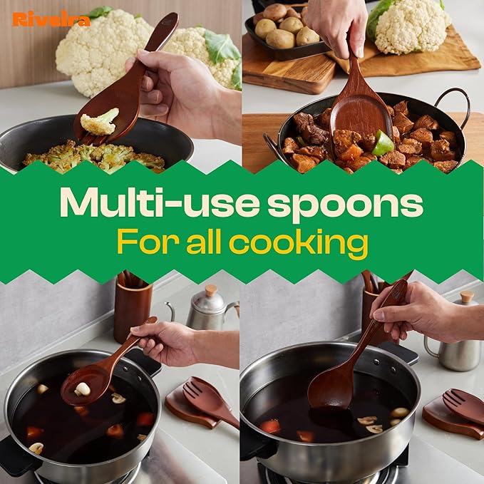 Riveira Set of 6 Premium Brown Bamboo Cooking Utensils - Bamboo Utensils for Cooking - Non-Toxic Kitchen Set - Wooden Kitchen Utensils for Non-Stick Cookware-Ruum Studio Home