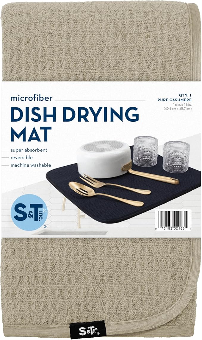 S&T INC. Dish Drying Mat, 16” x 18”, Absorbent Microfiber Kitchen Counter Mat, Dish Drying Pad for Dishes, Utensils, Pots and Pans, Large, Pure Cashmere-Ruum Studio Home