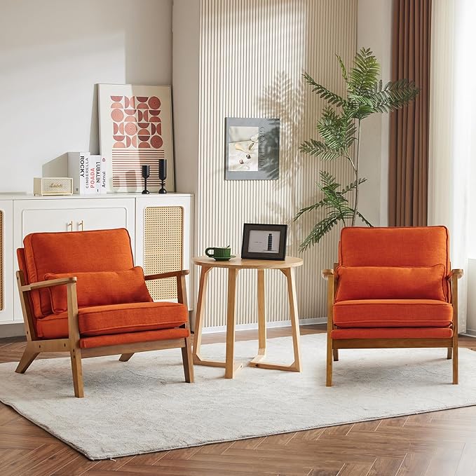 Karl home Accent Chair Wide Armrest Mid-Century Lounge Chair Linen Fabric Armchair with Lumbar Pillow & Solid Wood Frame for Living Room, Bedroom, Balcony, Burnt Orange-Ruum Studio Home