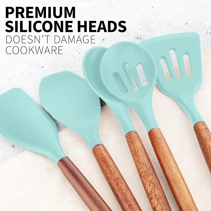 Zulay Kitchen Non-Stick Cooking Utensils Set with Authentic Acacia Wood Handles – 5-Piece Durable & Stylish Silicone Kitchen Utensils Set – Heat Resistant to 464°F – Aqua-Ruum Studio Home