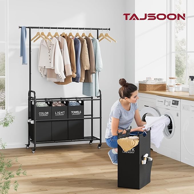 Tajsoon Laundry Sorter Cart with Hanging Clothes Rack, 4 Butler Sorter Basket Organizer, Laundry Hamper Cart with Heavy Duty Rolling Lockable Wheels, Black-Ruum Studio Home