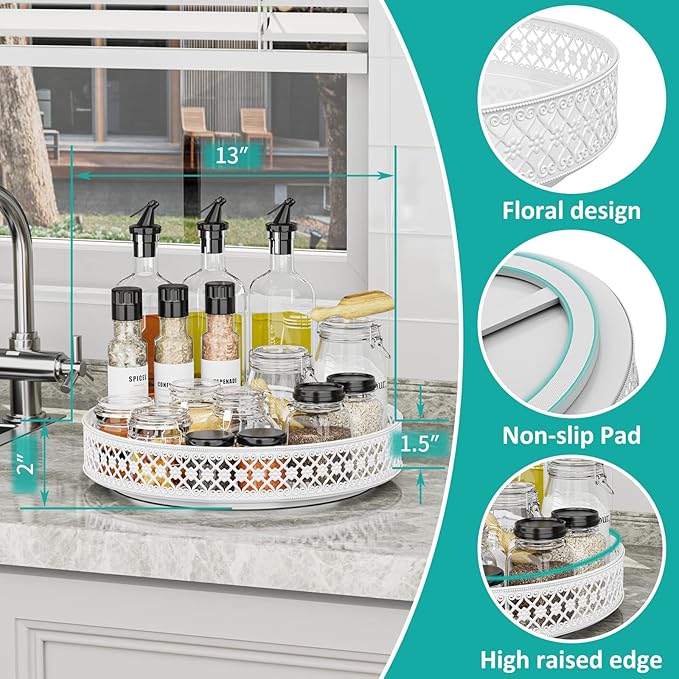 Ovicar Lazy Susan Turntable Organizer - 13 inch Rotating Spice Rack Metal Lazy Susan for Cabinet Pantry Kitchen Countertop Dining Table Cupboard Bathroom Vanity Refrigerator White-Ruum Studio Home