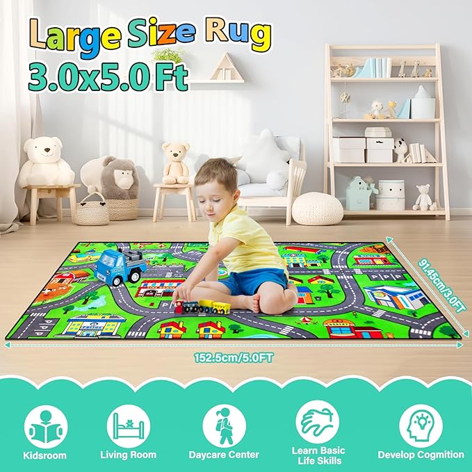 Road Car Rug,City Road Rug for Kids,3x5 Ft Kids Floor Play mat,and Car Carpet Play Mat with Realistic Colors – Perfect for Children and Non-Slip for Classroom,Playroom and Bedroom-Ruum Studio Home