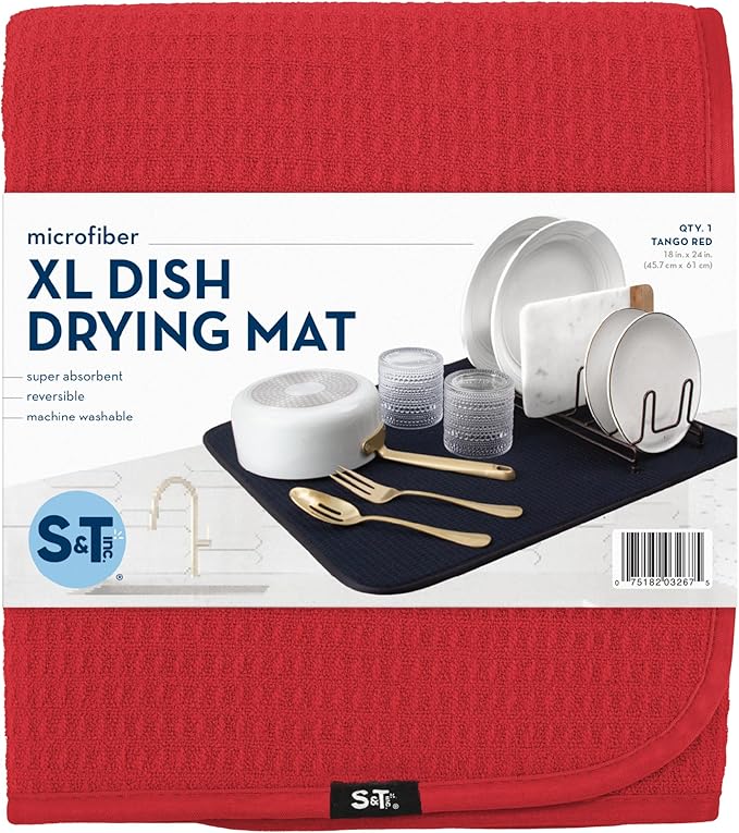 S&T INC. Dish Drying Mat XL, 18” x 24”, Absorbent Microfiber Kitchen Counter Mat, Dish Drying Pad for Dishes, Utensils, Pots and Pans, Extra Large, Red-Ruum Studio Home