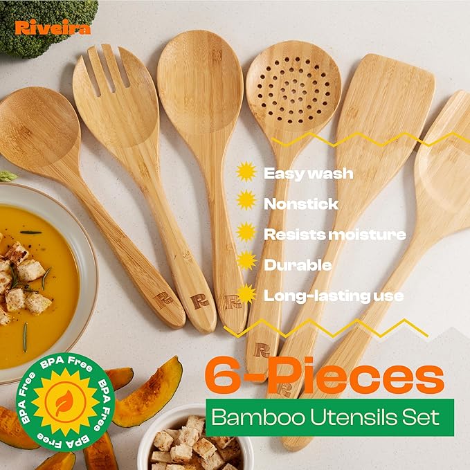 Riveira Brown Bamboo Wooden Spoons for Cooking Set of 6 – Natural Brown Bamboo Wooden Cooking Utensils, Wooden Spatula, Wooden Spoon - Premium Quality Wooden Utensil Set for Non-Toxic Cooking-Ruum Studio Home