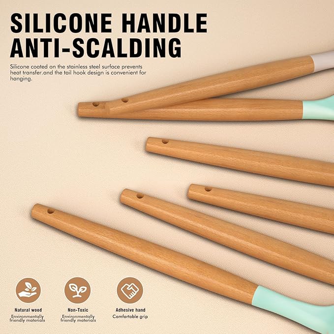 Silicone Cooking Utensils Set - Silicone Kitchen Utensils for Cooking Wooden Handles, 446°F Heat Resistant Kitchen Utensil Spatula Sets w Holder, Gadgets for Non-Stick Cookware BPA FREE (Multicolour)-Ruum Studio Home