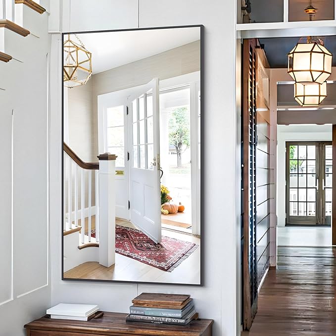 48x24In Black Bathroom Mirror for Wall, Rectangle Mirrors with Metal Frame, Bathroom Rectangular Mirror Modern Wall Mirror for Bedroom Living Room, Entryway Hangs Horizontal or Vertical-Ruum Studio Home