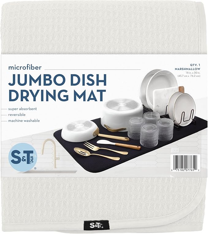 S&T INC. Dish Drying Mat Jumbo, 18” x 30”, Absorbent Microfiber Kitchen Counter Mat, Dish Drying Pad for Dishes, Utensils, Pots and Pans, Jumbo, Cream-Ruum Studio Home